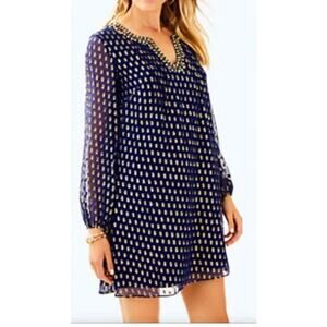 Lilly Pulitzer Women’s 4 Navy Crinkle Clip Silk Jacquard Dress Navy Gold ￼